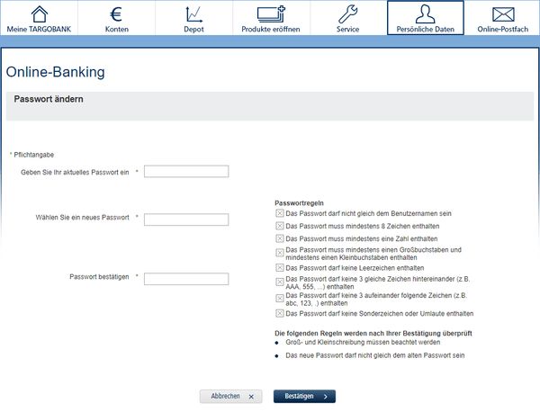 Targobank dumb password rule screenshot